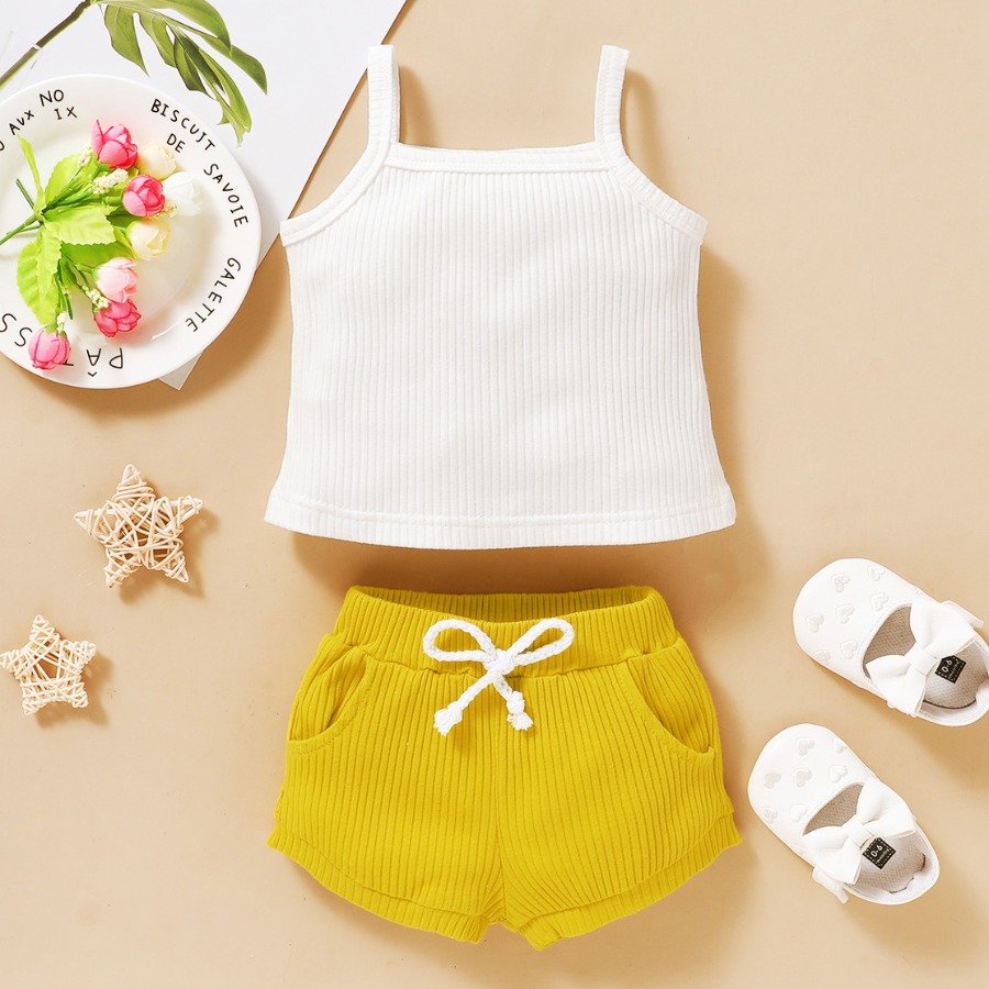 

lovely Casual Spaghetti Strap Striped Yellow Girl Two-piece Shorts Set