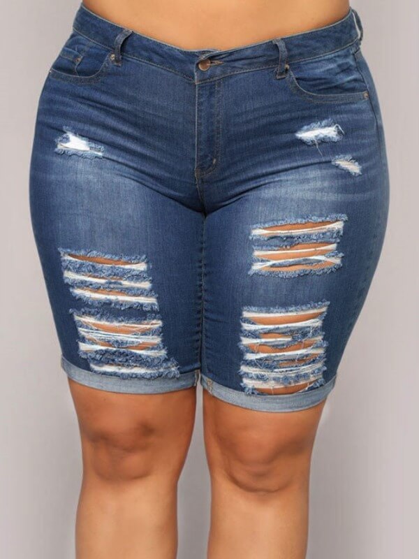 

LW Plus Size Casual Broken Holes Deep Blue Shorts
