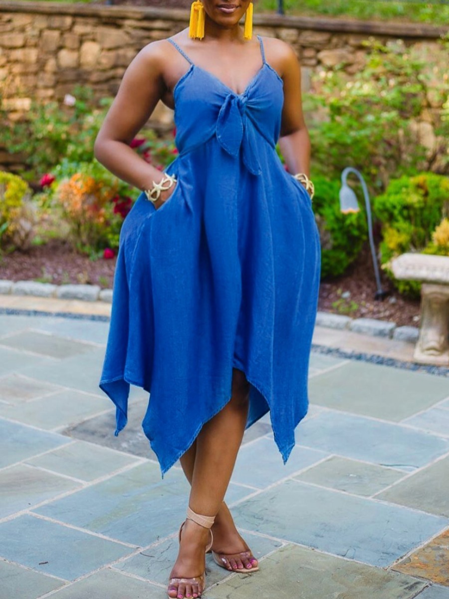 

Lovely Sexy Knot Design Asymmetrical Blue Mid Calf Plus Size Dress