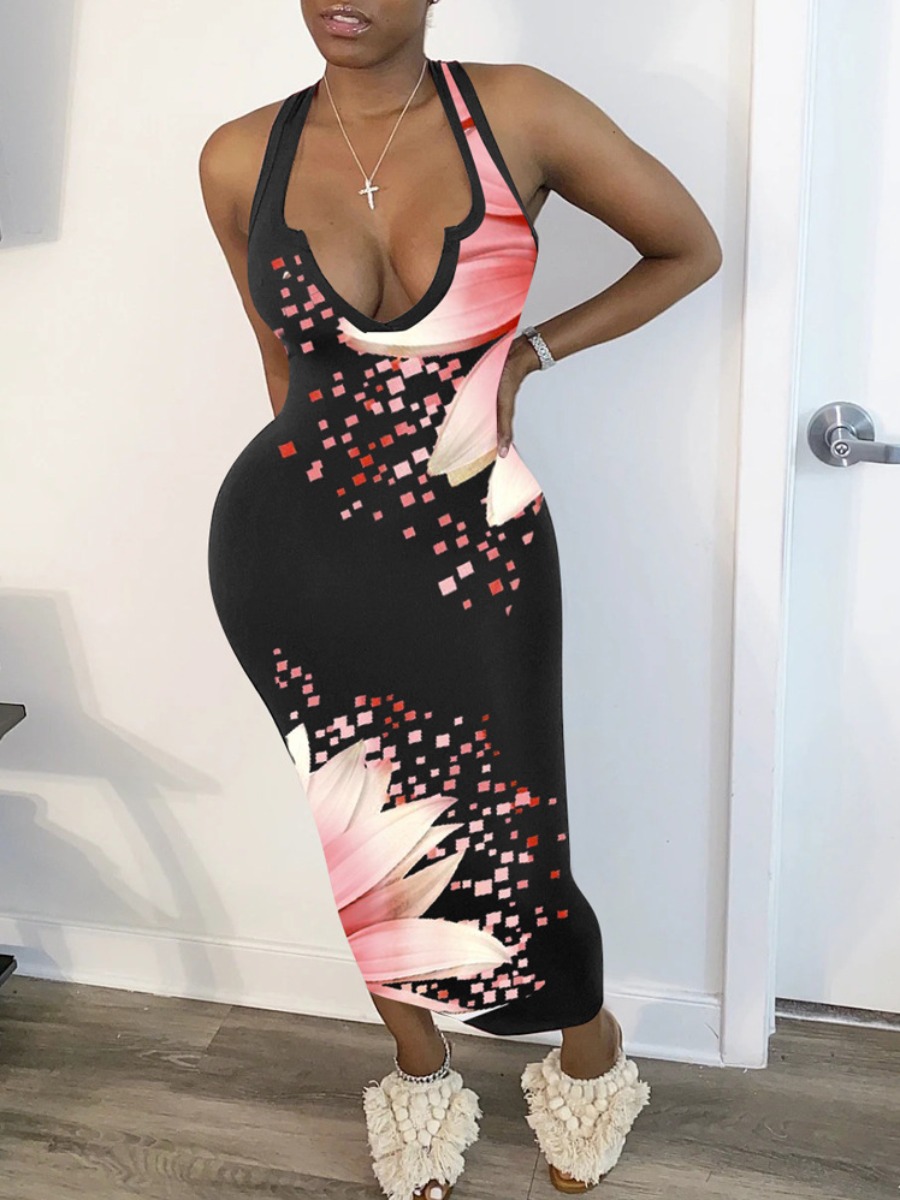 

lovely Sportswear Print Pink Mid Calf Dress