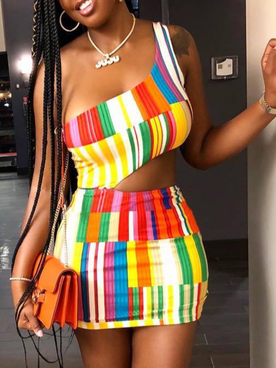 

lovely Stylish One Shoulder Rainbow Striped Multicolor Knee Length Dress, Multi