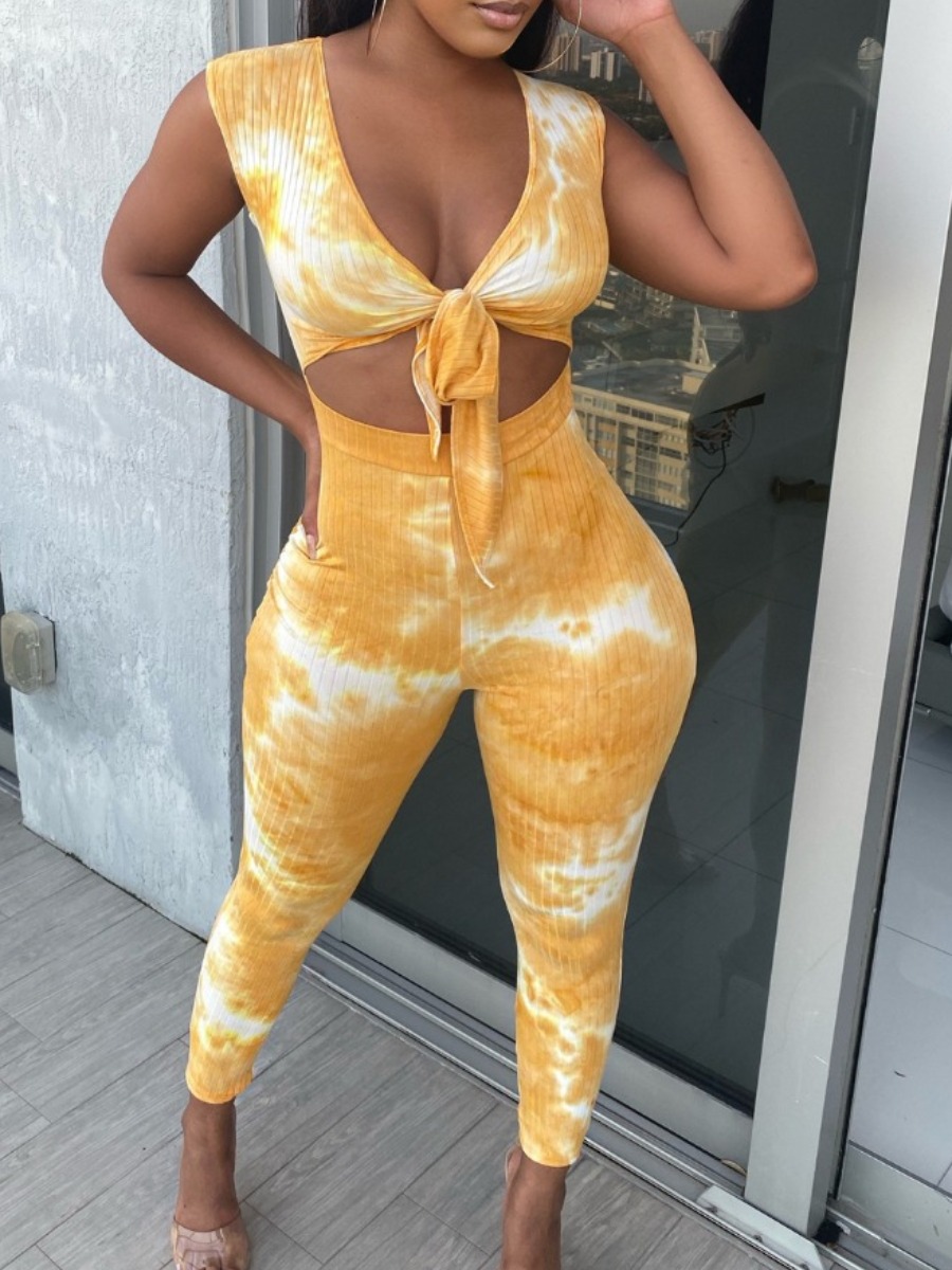 

lovely Stylish V Neck Tie-dye Knot Design Yellow One-piece Jumpsuit