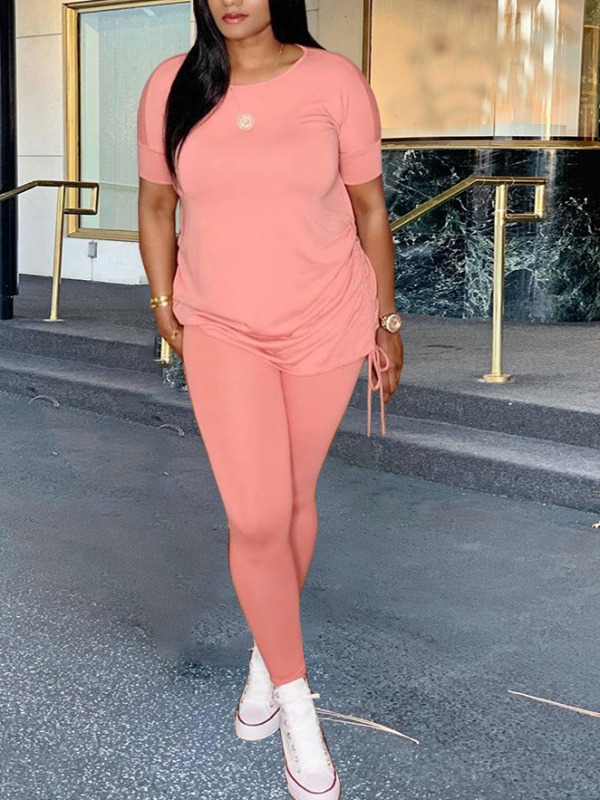

lovely Leisure O Neck Basic Skinny Pink Two Piece Pants Set