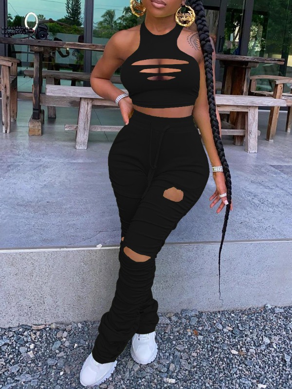 

lovely Street Fold Design Tear Black Two Piece Pants Set