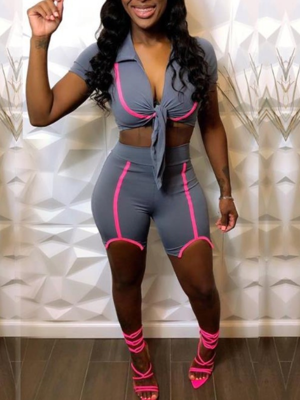 

lovely Sportswear Knot Design Patchwork Dark Grey Two Piece Shorts Set