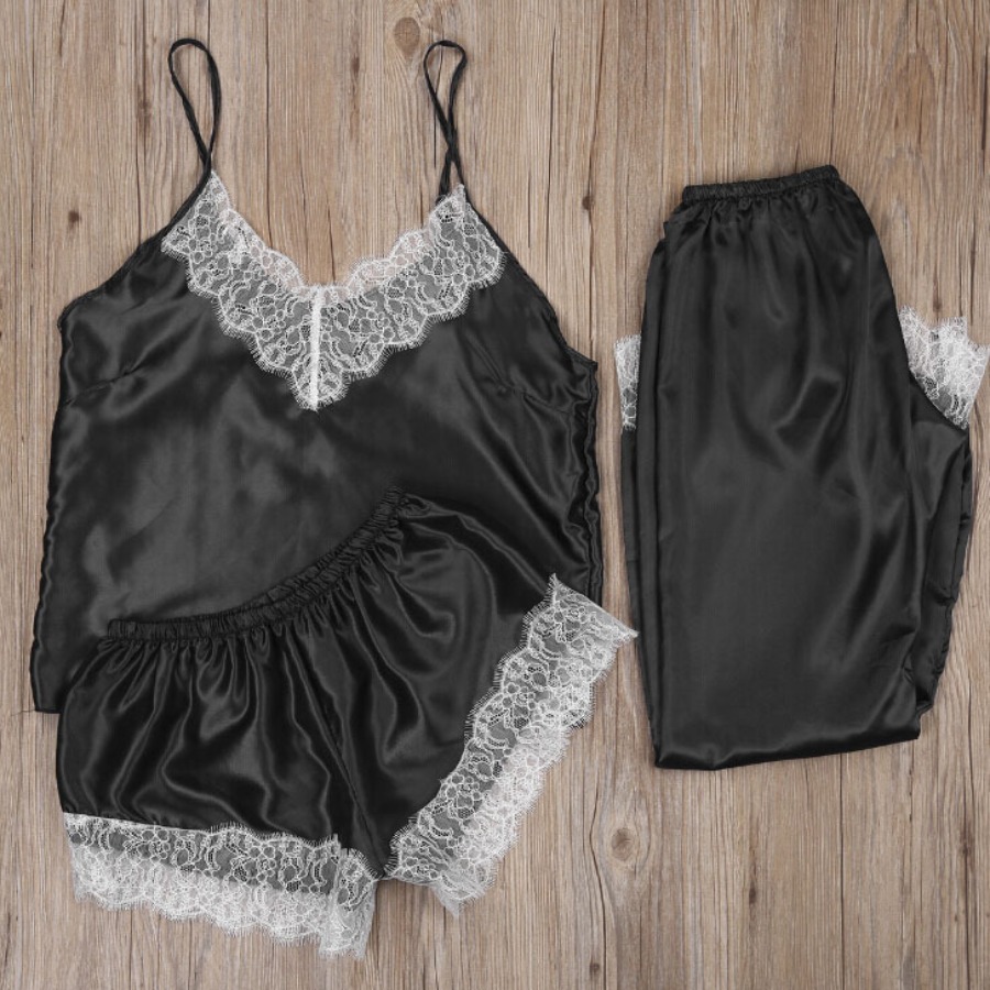 

lovely Sexy Lace Hem Black Sleepwear