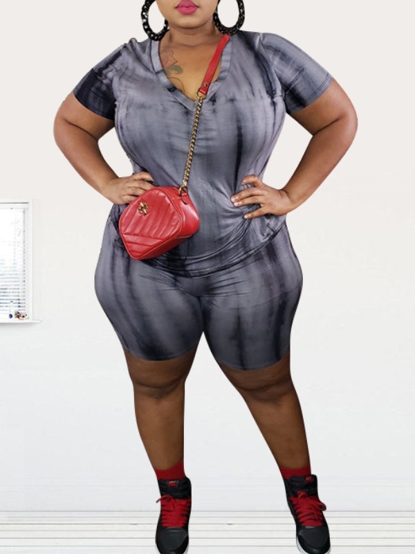 

lovely Casual V Neck Tie-dye Grey Plus Size Two-piece Shorts Set