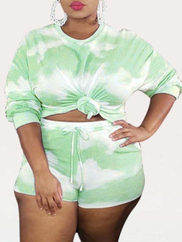 

lovely Casual O Neck Tie-dye Green Plus Size Two-piece Shorts Set