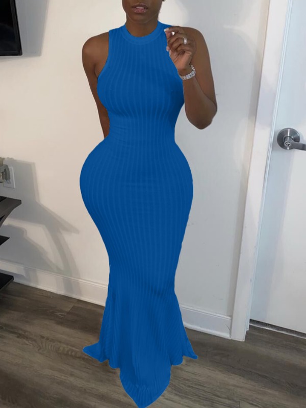 

lovely Stylish Striped Fishtail Blue Maxi Plus Size Dress