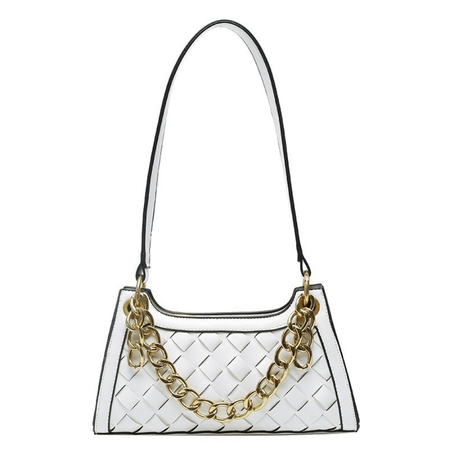 white shoulder bag with silver chain