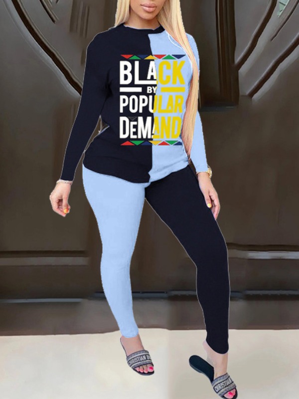 

lovely Street O Neck Letter Print Black Two Piece Pants Set