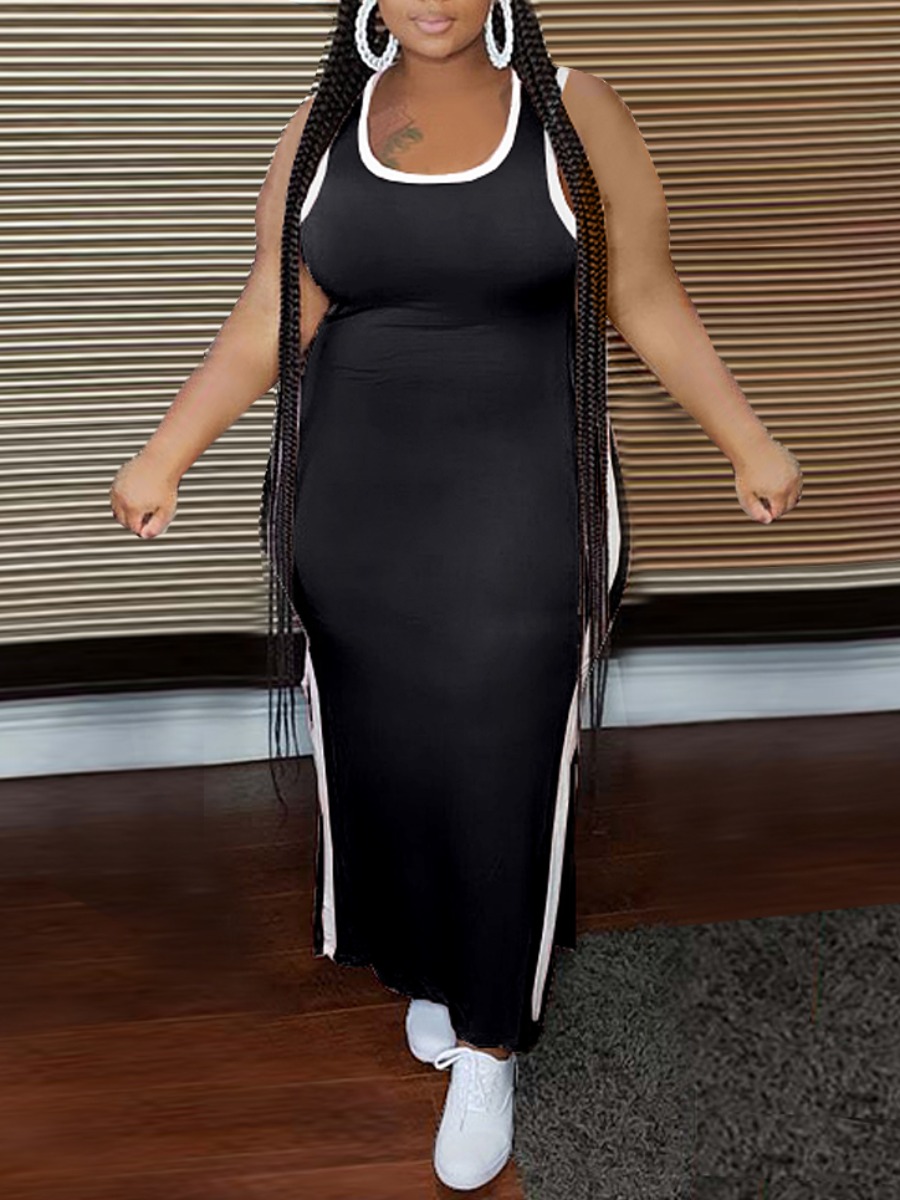 

lovely Sportswear U Neck Patchwork Black Ankle Length Dress