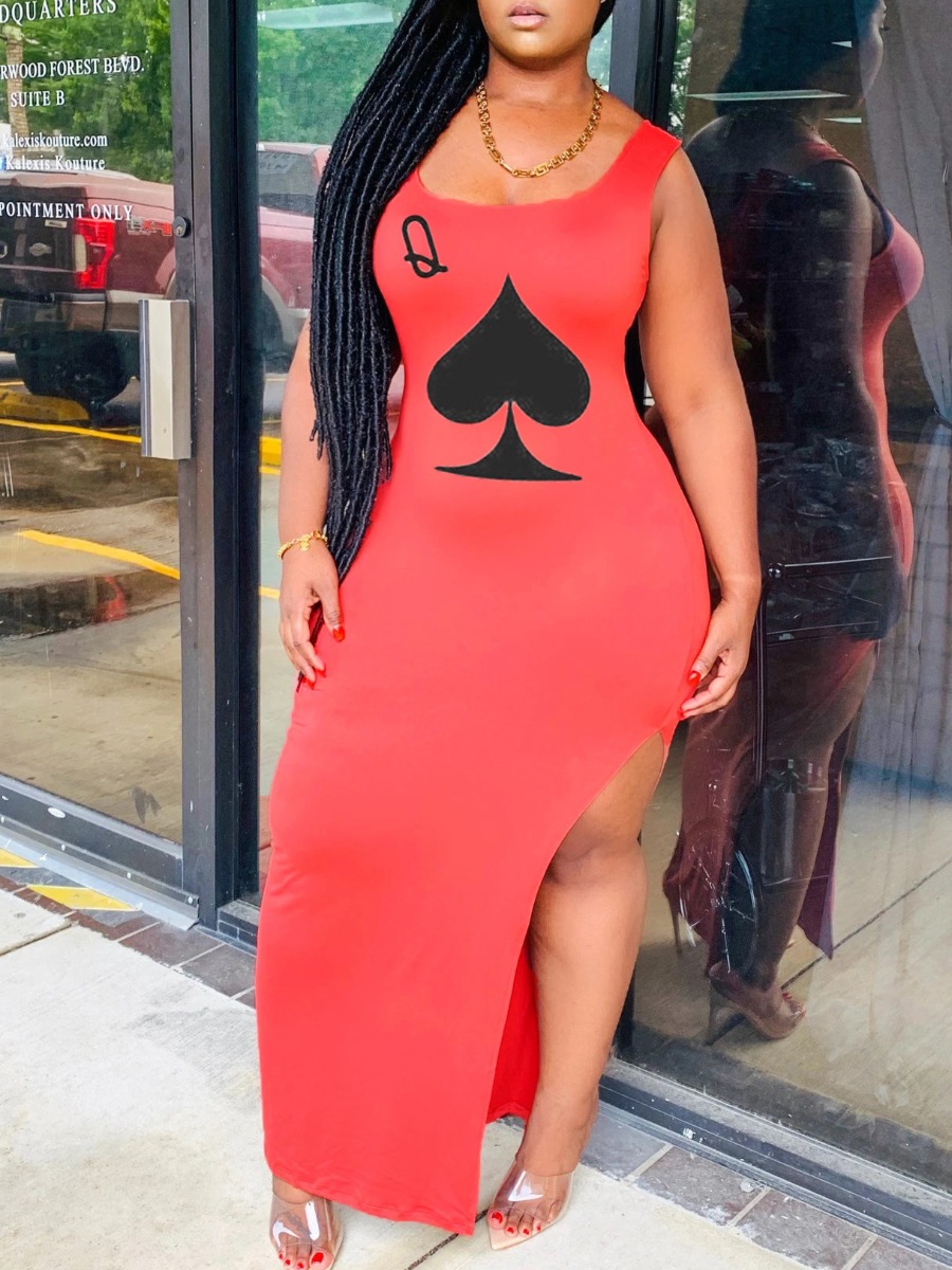 

lovely Casual U Neck Print Side High Slit Red Ankle Length Dress