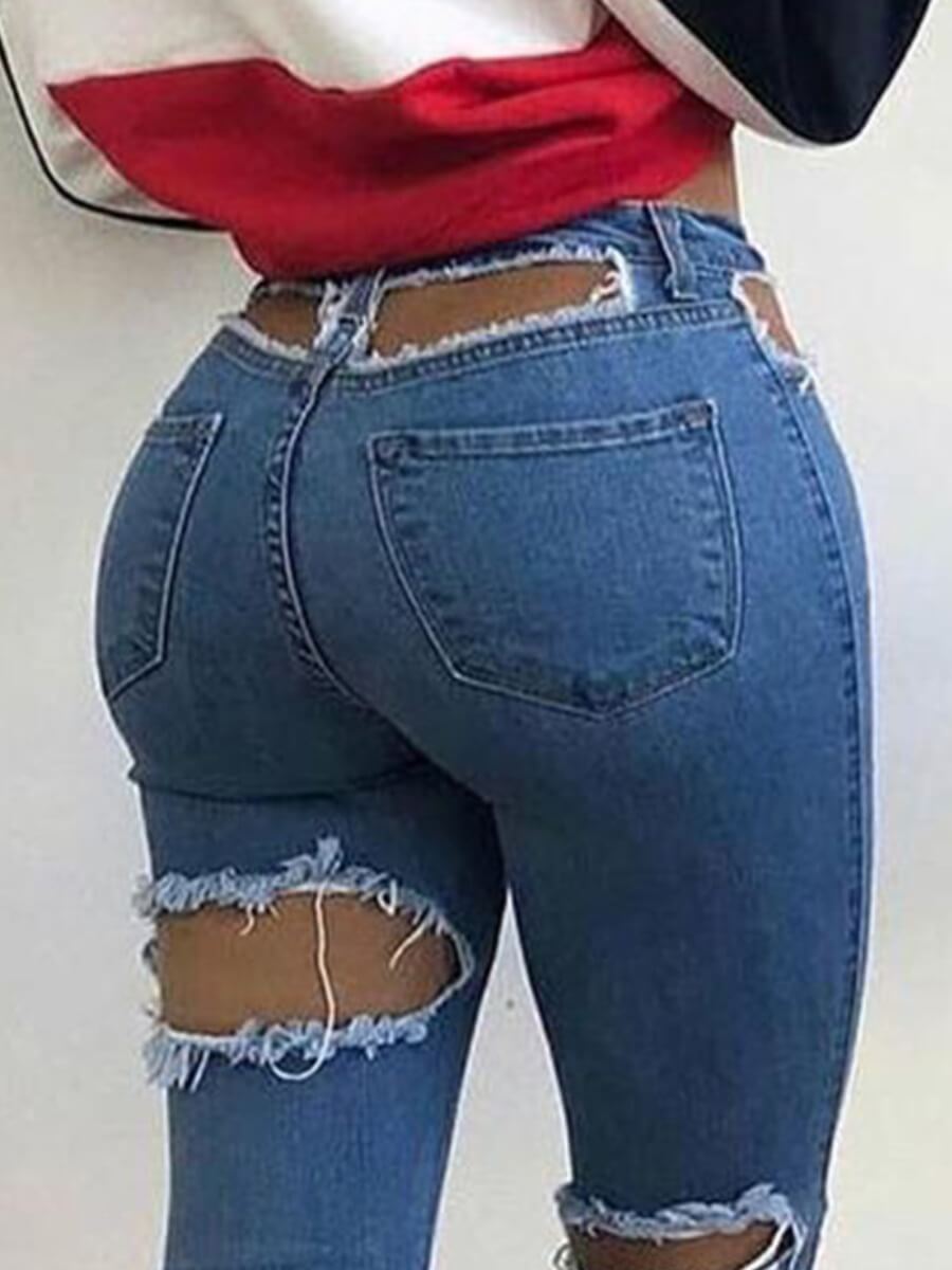 LW Street Hollow-out Deep Blue Jeans