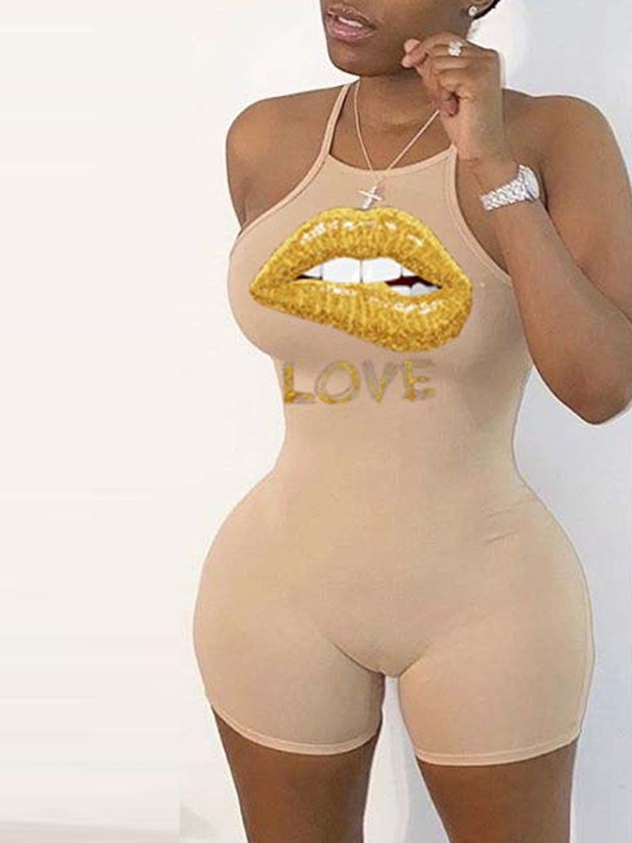

lovely Sportswear Lip Print Khaki One-piece Romper