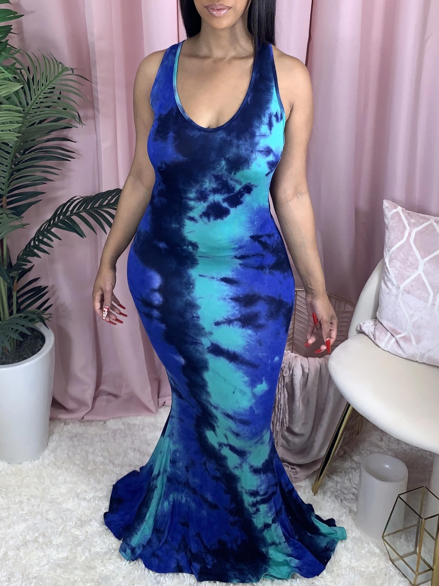 

lovely Trendy Backless Tie-dye Dark Blue Maxi Dress