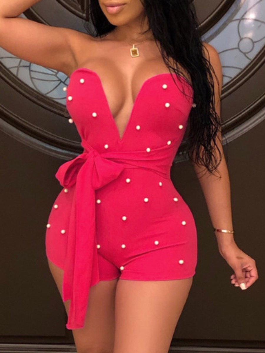 

lovely Sexy Dew Shoulder Nail Bead Design Rose Red One-piece Romper