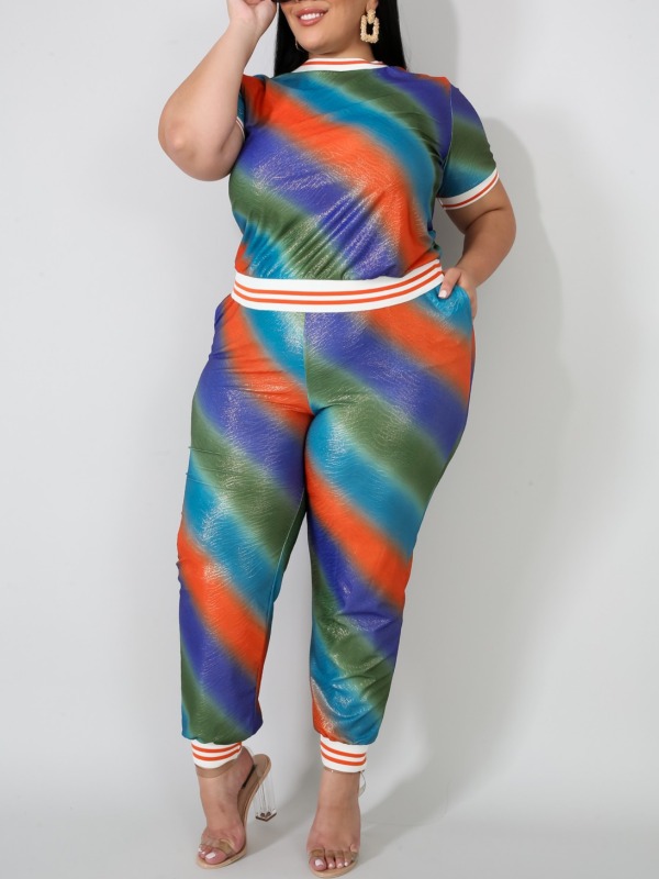 

lovely Casual O Neck Striped Print Multicolor Plus Size Two-piece Pants Set, Multi