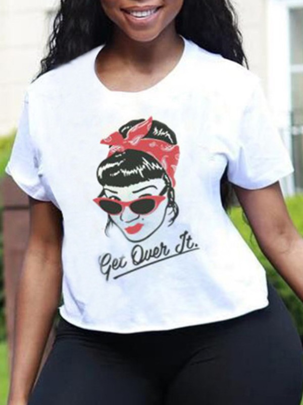 

lovely Casual O Neck Print White Plus Size T-shirt