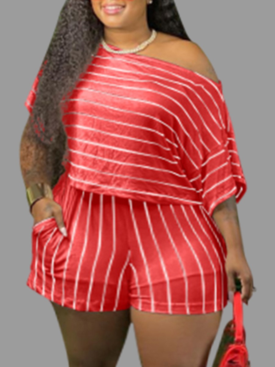 

lovely Casual Striped Red Plus Size Two-piece Shorts Set