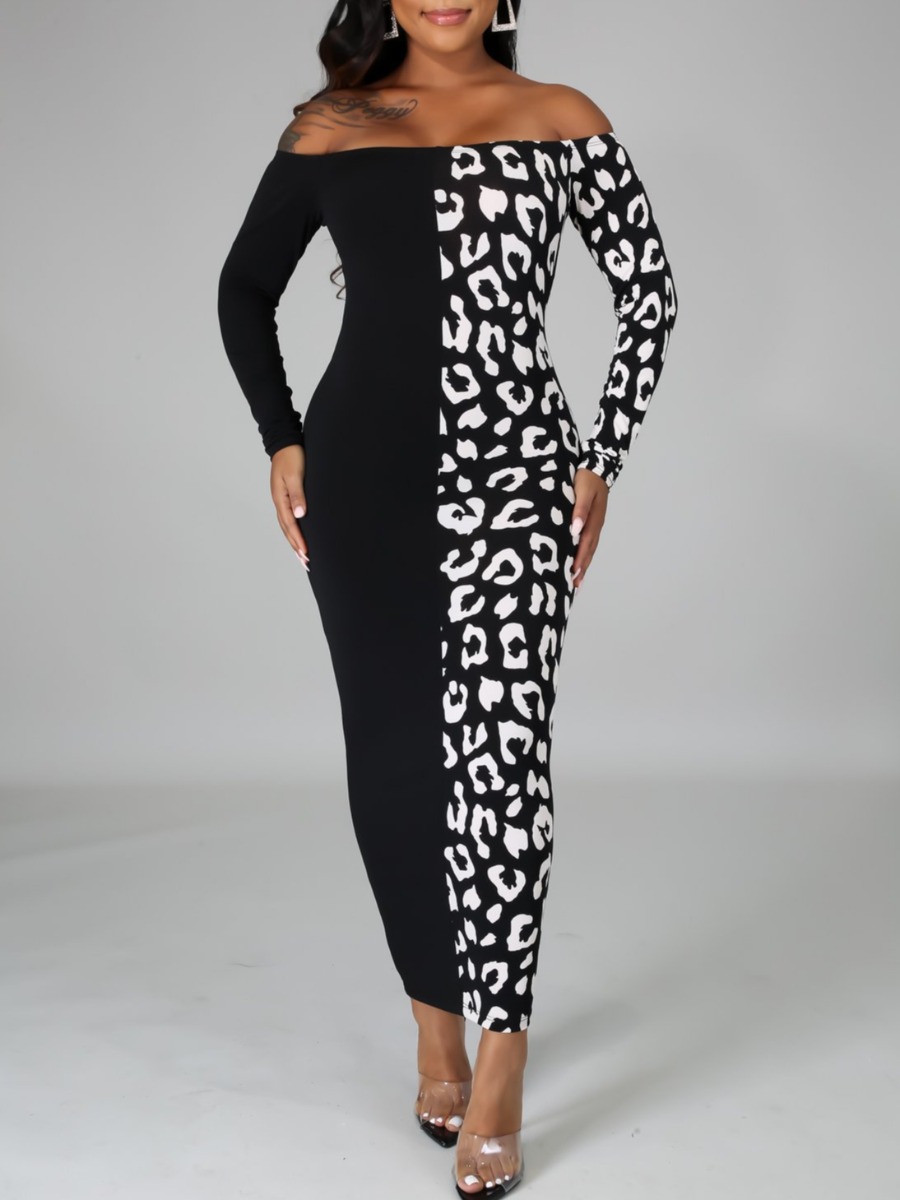 

lovely Trendy Dew Shoulder Print Patchwork Black Ankle Length Dress