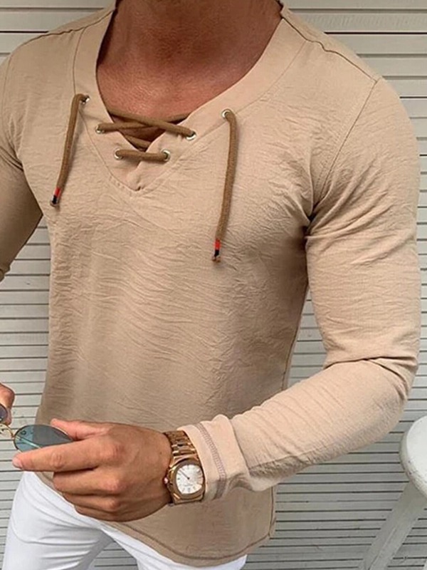 

Men lovely Sportswear V Neck Bandage Design Apricot T-shirt