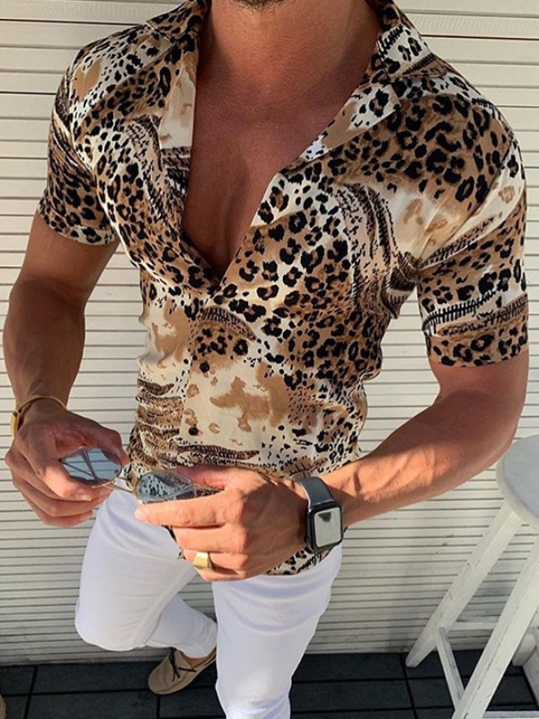 

Men lovely Stylish Turndown Collar Print Brown Shirt