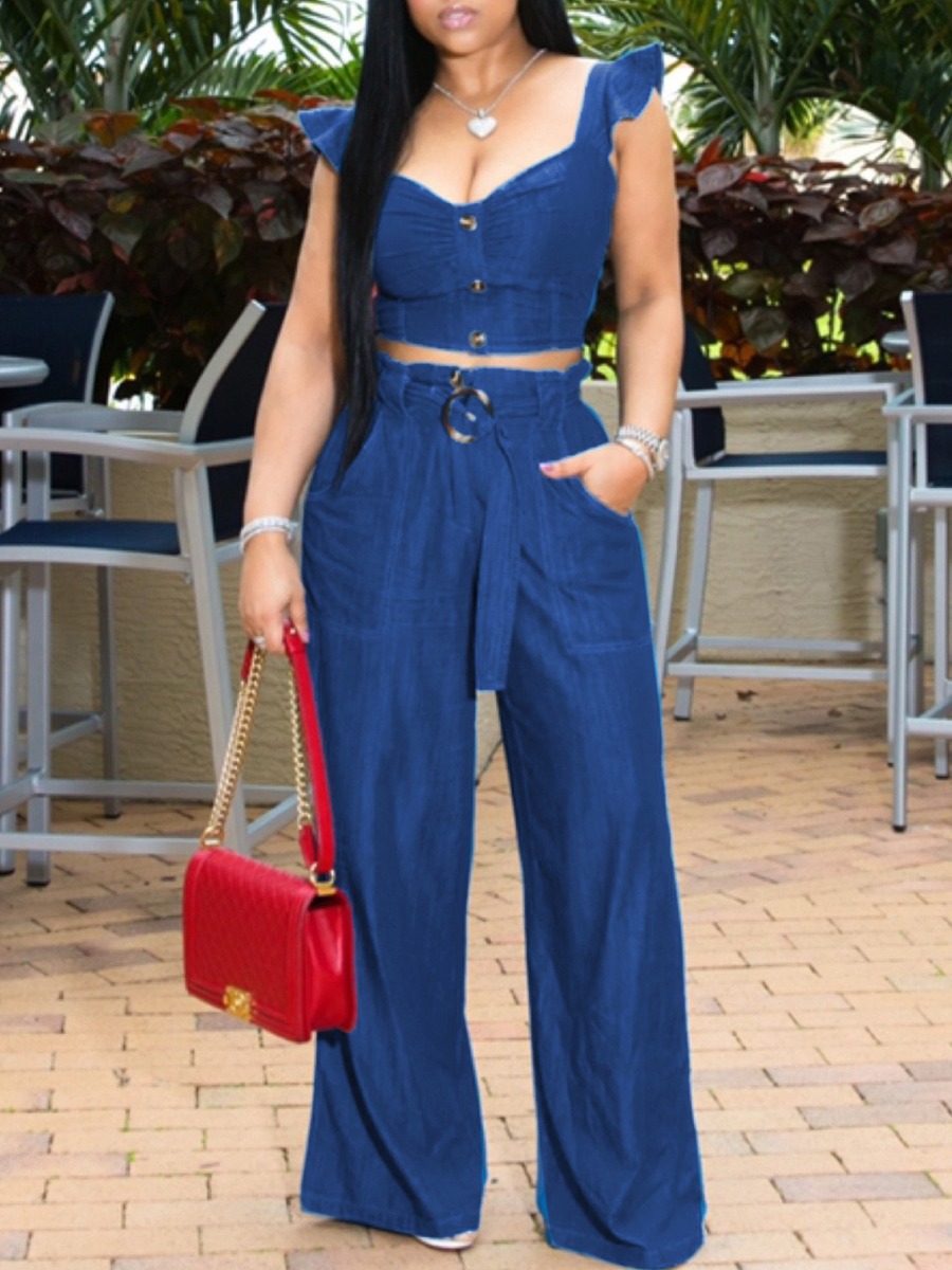 

lovely Trendy Buttons Design Flounce Design Deep Blue Denim Two-piece Pants Set