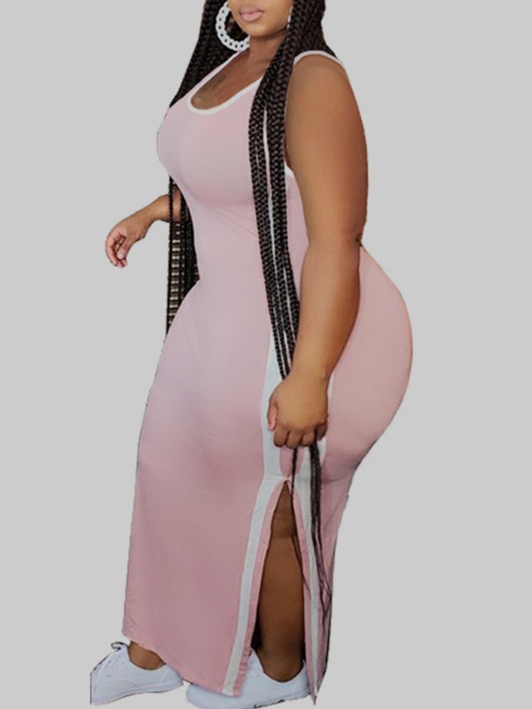 

lovely Sportswear U Neck Patchwork Pink Ankle Length Plus Size Dress