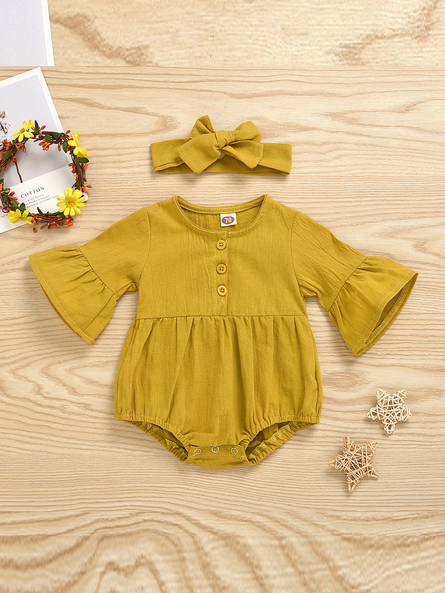 

lovely Sweet Buttons Design Fold Design Yellow Girl One-piece Romper