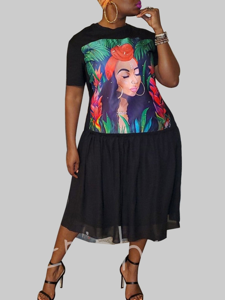 

lovely Casual O Neck Print Black Mid Calf Plus Size Dress