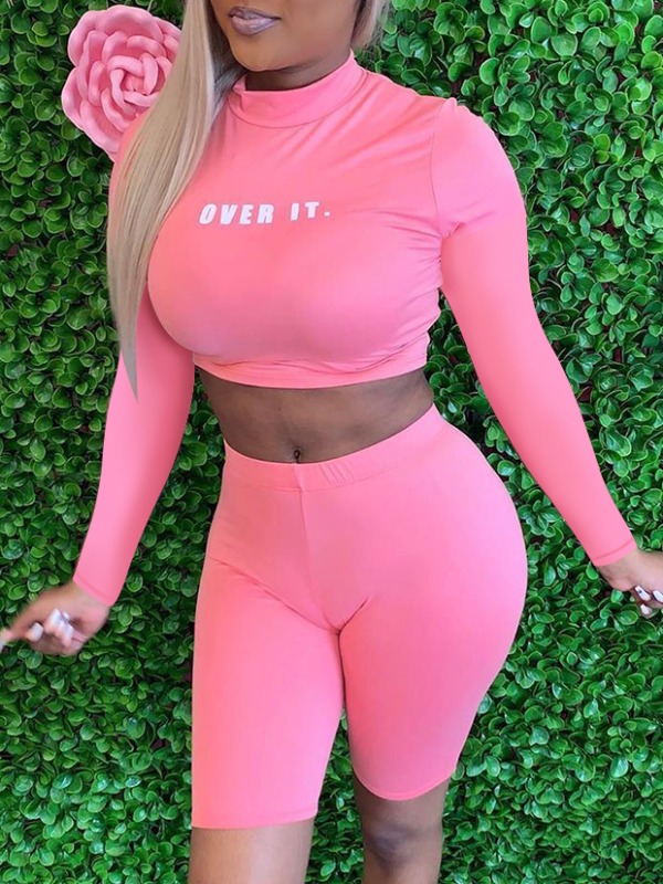 

lovely Sportswear Letter Skinny Pink Two Piece Shorts Set