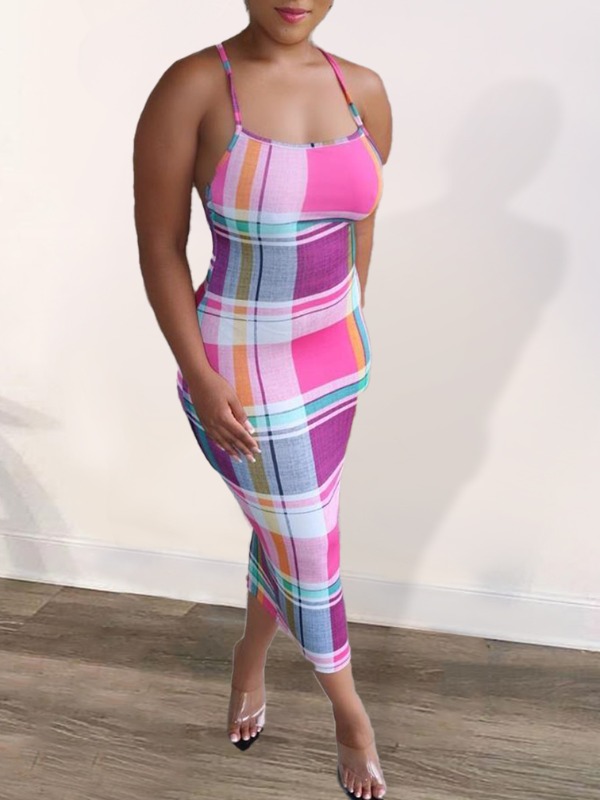 

lovely Stylish Grid Print Light Purple Mid Calf Dress