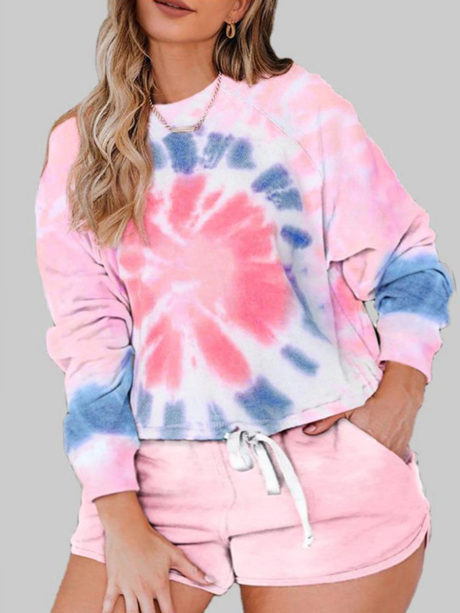 

lovely Sportswear O Neck Tie-dye Pink Plus Size Two-piece Shorts Set