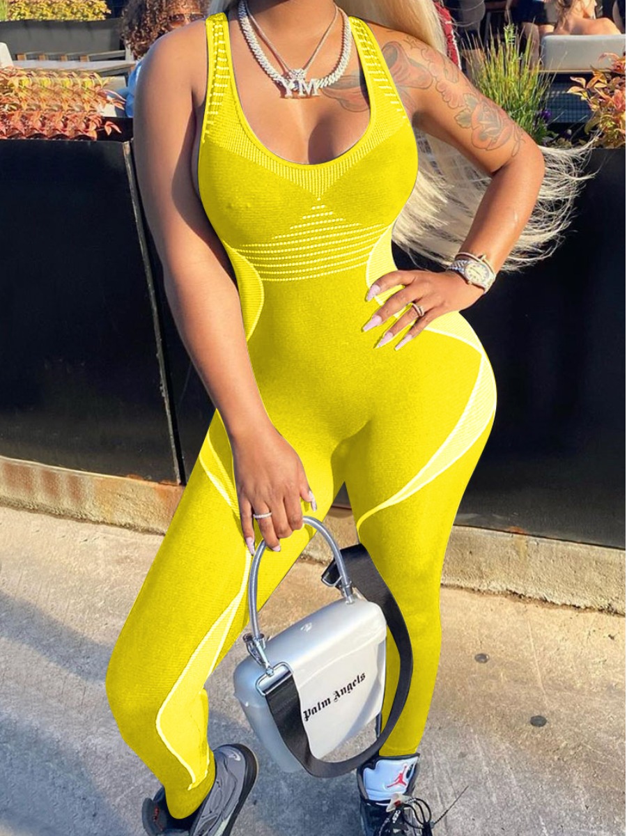 

lovely Sportswear Print Patchwork Yellow One-piece Jumpsuit