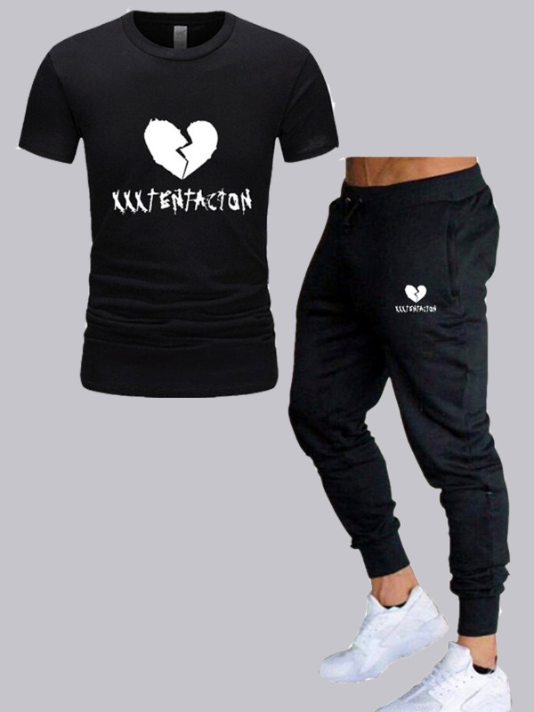 

Men lovely Sportswear O Neck Print Black Two-piece Shorts Set