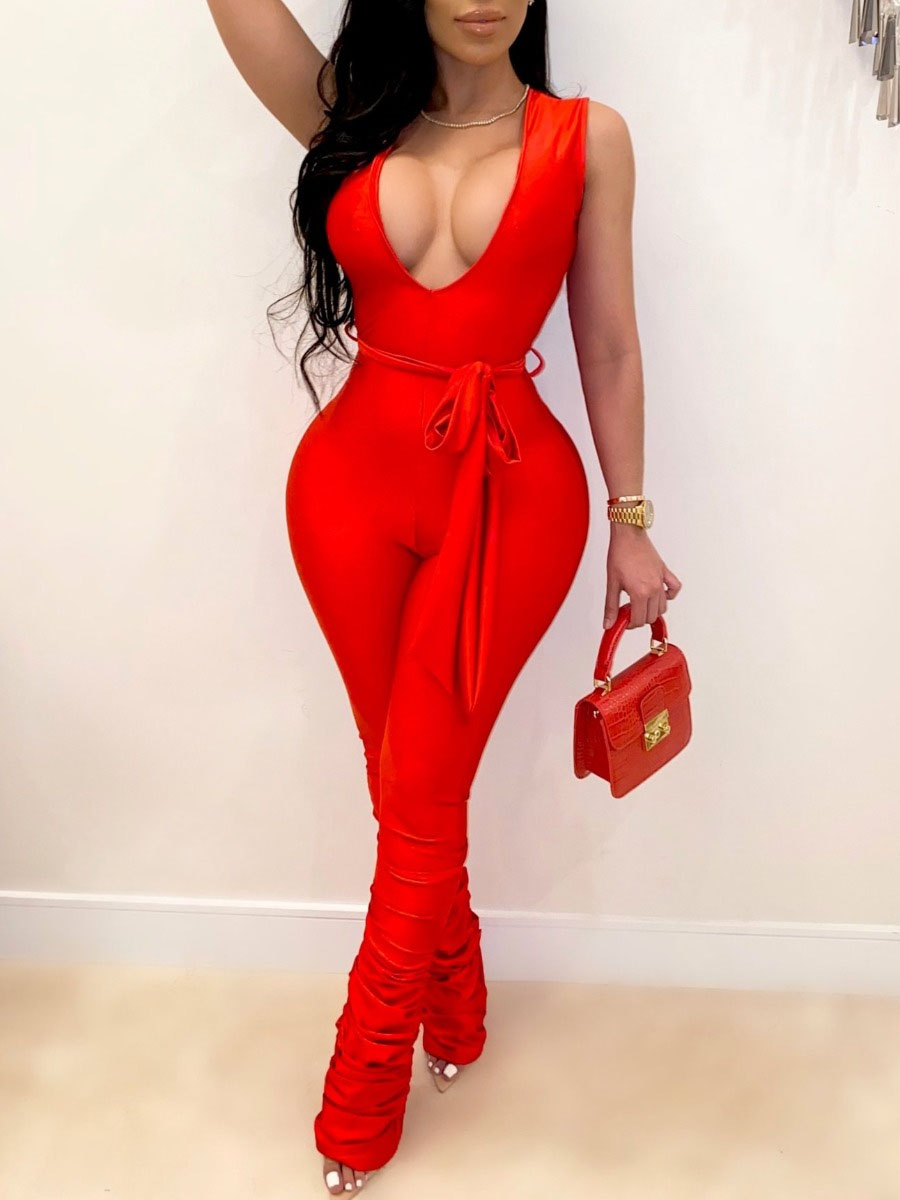 

Lovely Stylish Deep V Neck Lace-up Orange Red One-piece Jumpsuit