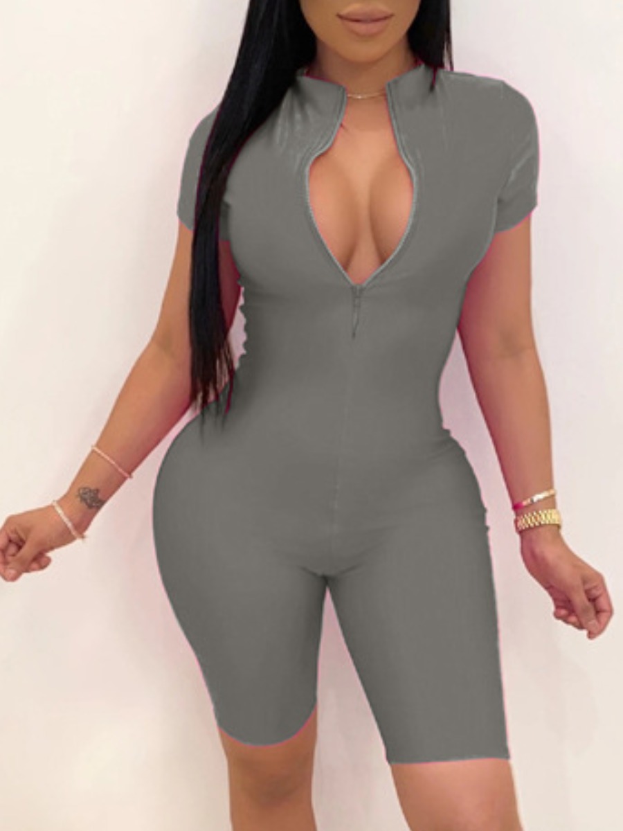 

lovely Sportswear Zipper Design Grey One-piece Romper