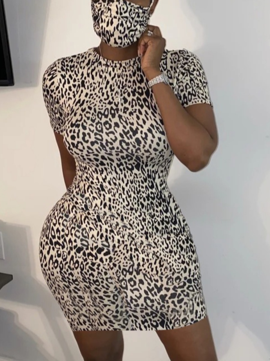 

Lovely Casual O Neck Leopard Print Light Camel Mini Dress