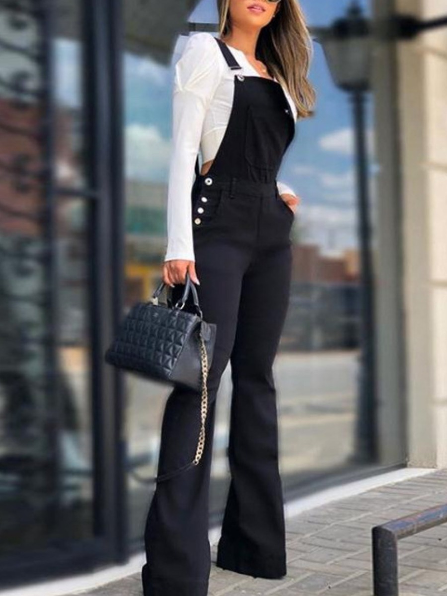 

lovely Stylish Buttons Design Black Denim One-piece Jumpsuit