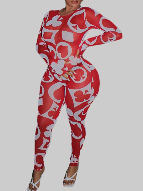 

lovely Sexy Print See-through Red Plus Size One-piece Jumpsuit