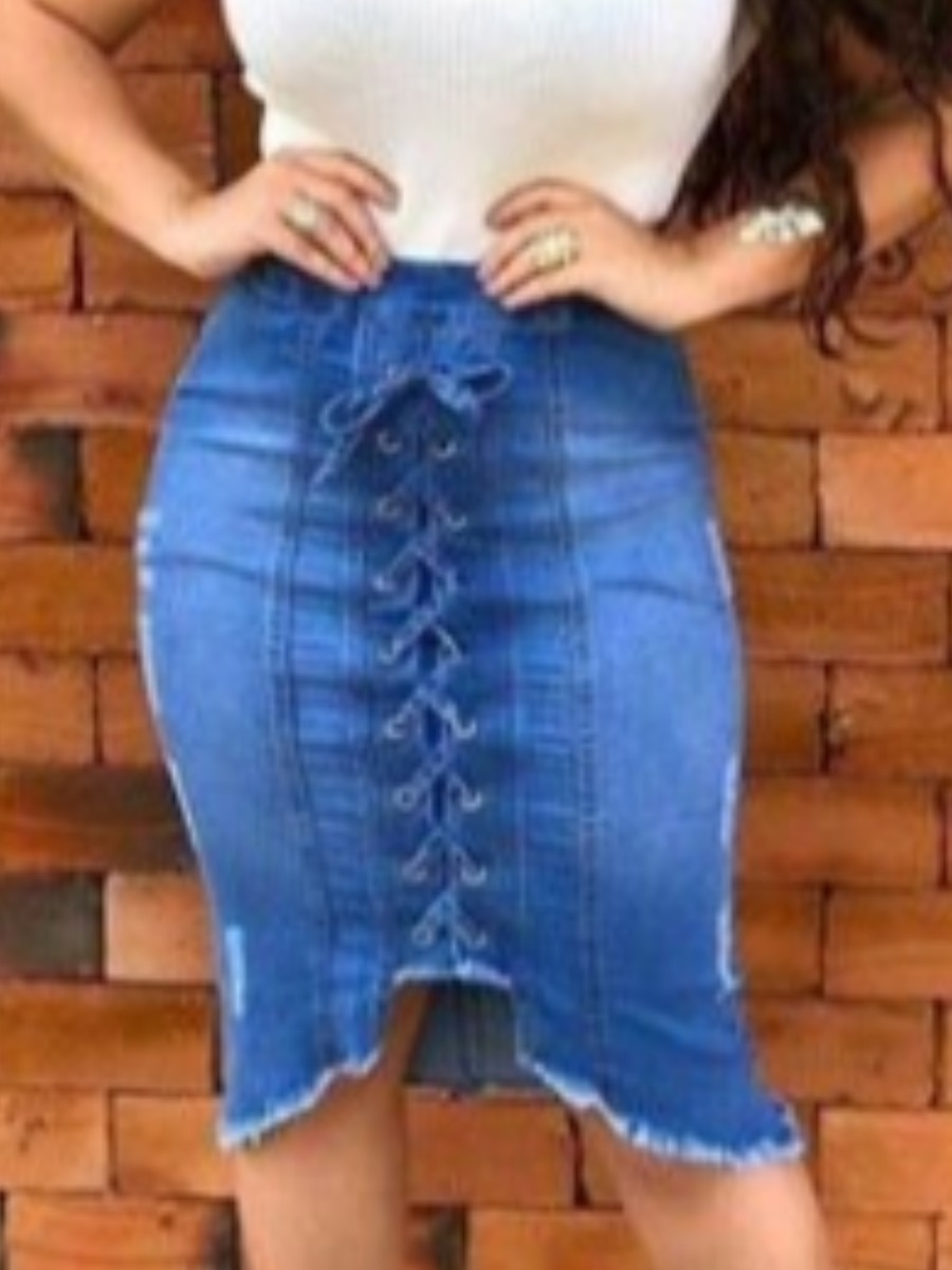 

Lovely Street Bandage Design Deep Blue Denim Skirt