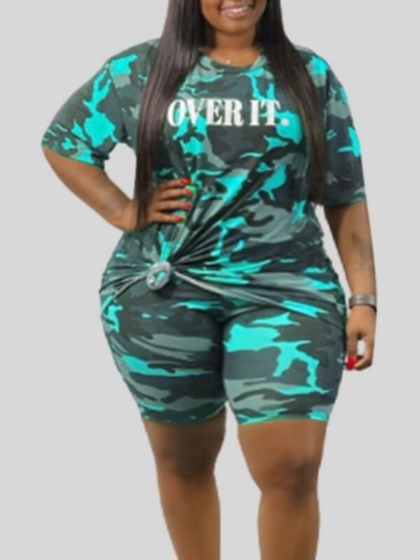 

LW Plus Size Leisure O Neck Camo Print Blue Two-piece Shorts Set