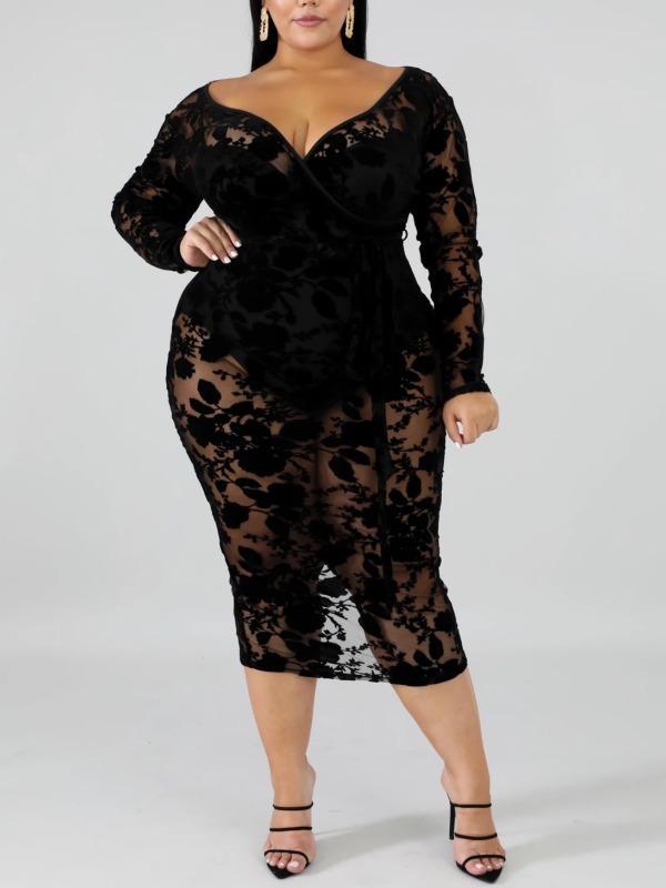 lovely Sexy V Neck Lace See-through Black Mid Calf Plus Size Dress
