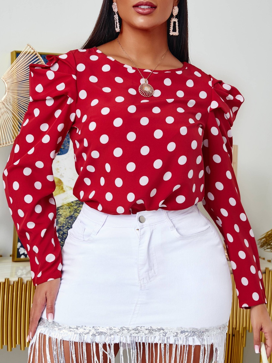 

lovely Sweet O Neck Dot Print Red Blouse