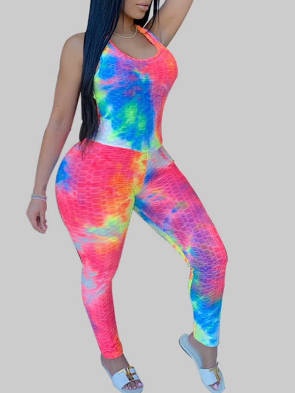 

lovely Stylish U Neck Tie-dye Multicolor Plus Size One-piece Jumpsuit, Multi