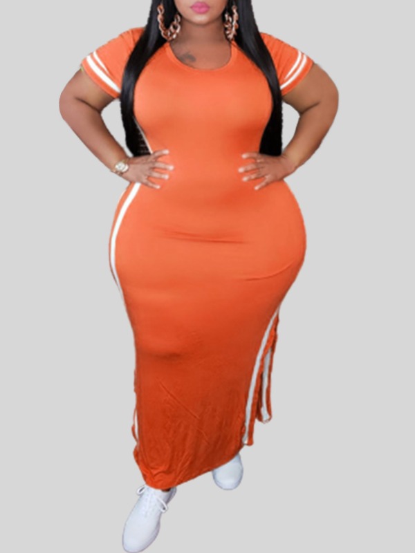 

lovely Casual O Neck Patchwork Orange Ankle Length Plus Size Dress