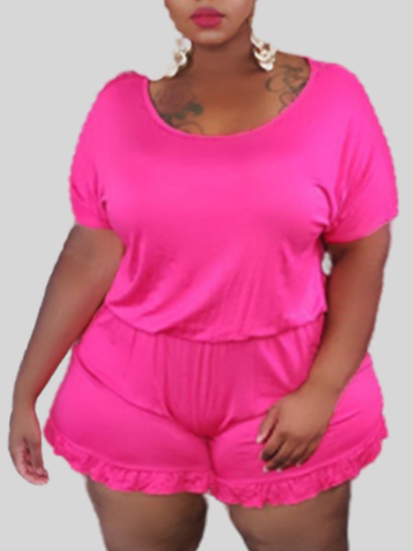 

lovely Leisure O Neck Flounce Design Rose Red Plus Size One-piece Romper