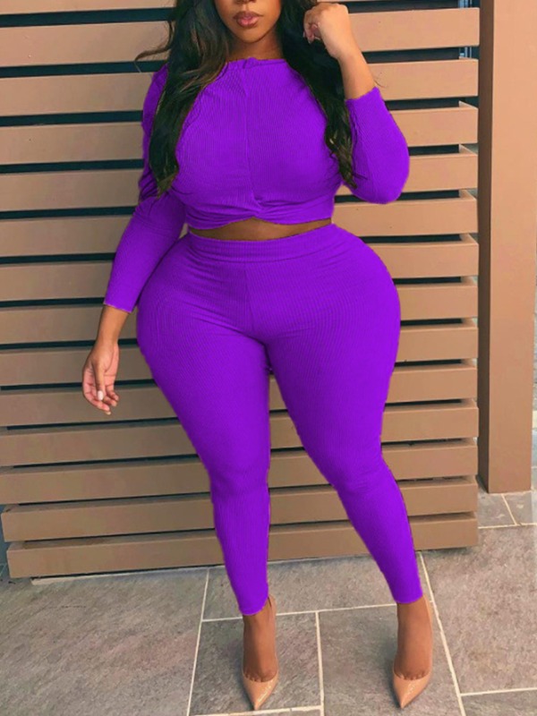 

lovely Casual O Neck Knot Design Purple Plus Size Two-piece Pants Set