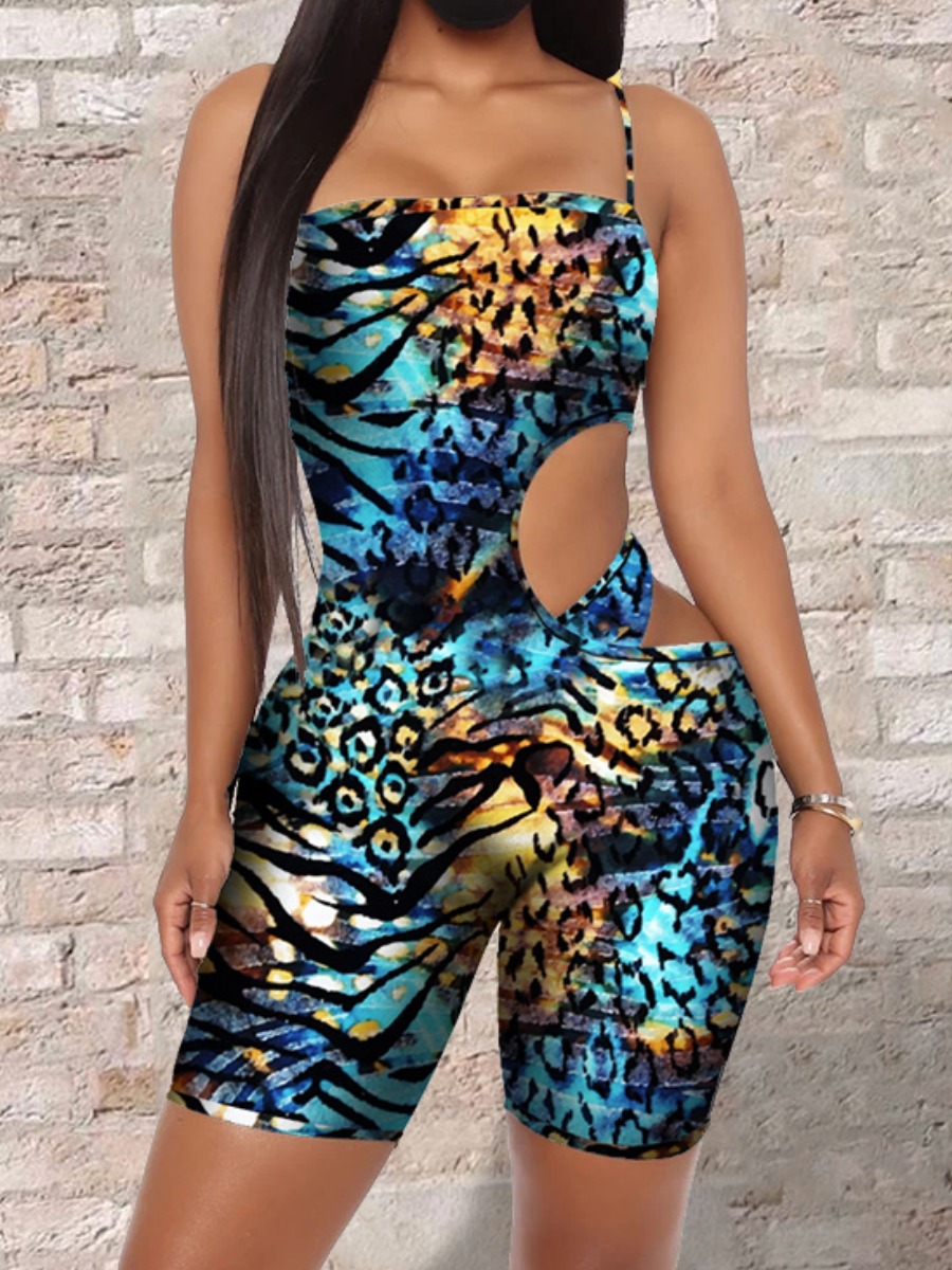 

lovely Trendy Spaghetti Strap Print Hollow-out Blue One-piece Romper